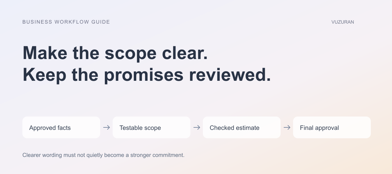 VUZURAN explanatory diagram: Make the scope clear. Keep the promises reviewed. Four stages to discuss and verify; this is an editorial framework, not a product screenshot.