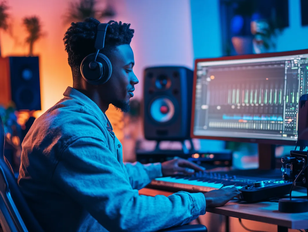 Music producer working at an audio workstation