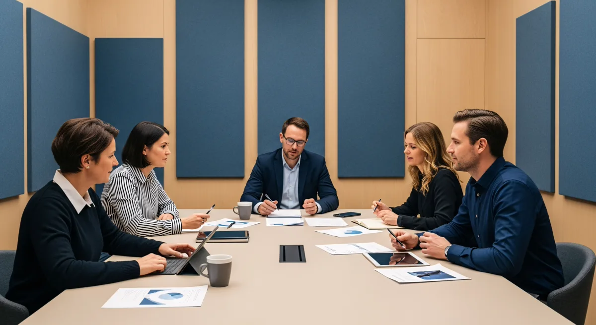 Team discussing work in a business meeting